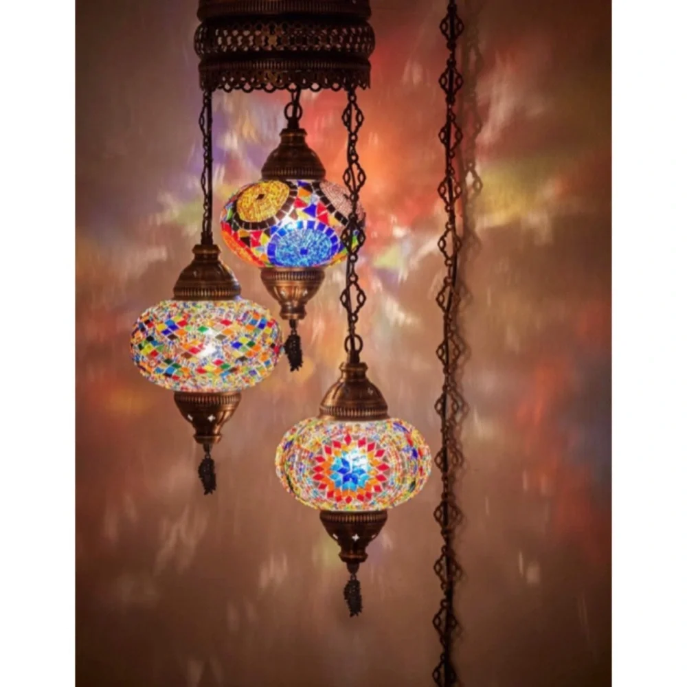 DEMMEX Turkish Moroccan Mosaic Handmade Chandelier 3 Globes Multi-Color